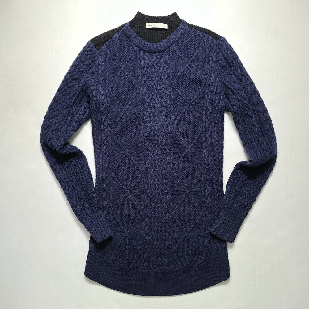 Sacai Luck Women Sz 3 Large 100% Wool Cable Knit Navy Sweater Unique 2-tone